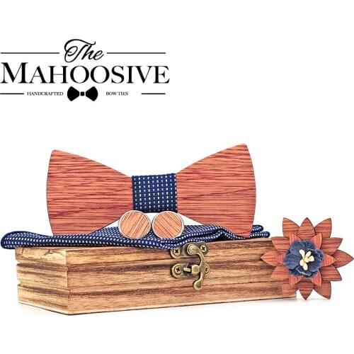 Adjustable Bingtangor Wood Bow Tie For Men Pocket Square Cufflinks Brooch Set And Wood Box Suit Wedding Novelty Neck Ties