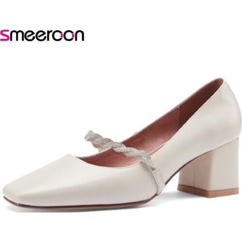 Smeeroon Big Size 40 Genuine Leather Shoes Women High Heels Single Shoes Square Toe Crystal Elegant Mary Jane Women Pumps