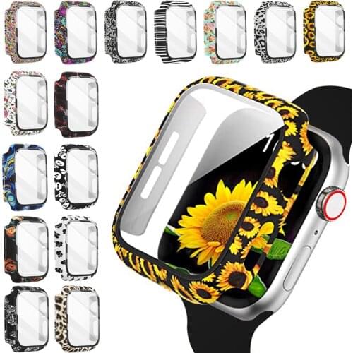 Glass+Case for Apple Watch Cases 44 40 42 38mm Bumper+Screen Protector for iWatch SE 6 5 4 3 2 1 Fashion Water Transfer Process
