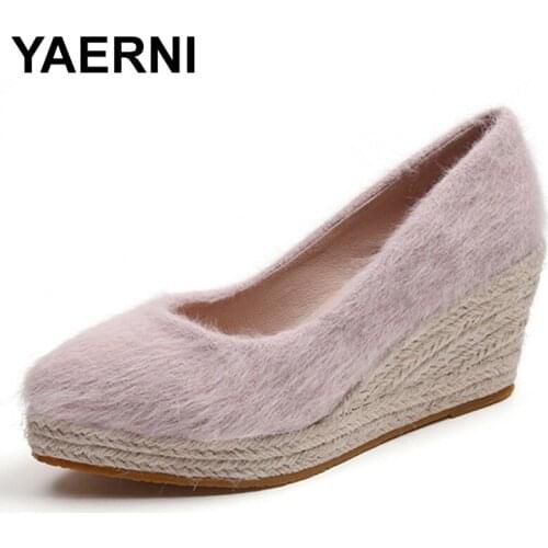YAERNI Fashion Purple 3 Inch Big Size Beige Casual Shoes Women Wedge High Heels Black Fur Pointed Toe New Pumps Cheap 4 34 Pink