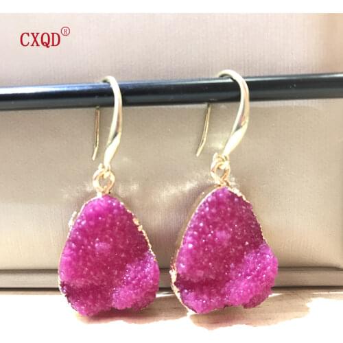 CXQD 1 Pair European Jewelry Colorful Water Drop Dangle Earrings Pink Black Resin Stone Drusy Earrings For Women Jewelry YM0071