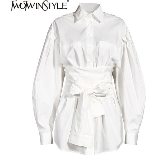 TWOTWINSTYLE White Bowknot Shirt For Women Lapel Lantern Sleeve Bandage High Waist Casual Blouse Female 2020 Autumn New Tide