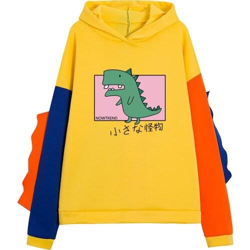 Dinosaur Print Hoodies Women Pullovers Sweatshirt Oversized Harajuku Coat Patchwork Long Sleeve Cute Hooded Winter Streetwear