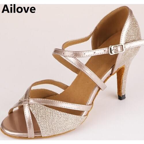 Women Ballroom Dance Shoes Gold Glitter Latin Salsa Tango Swing Rumba Waltz Peep-toe Dancing Sandals Multiple Heel Height ALS004
