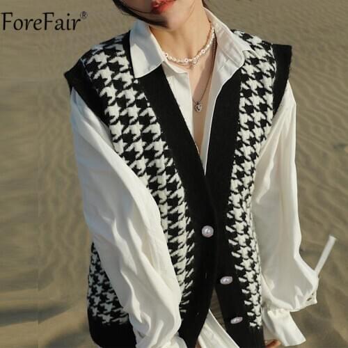 Forefair V Neck Black Sleeveless Houndstooth Button Knited Women Cardigan Vest Sweater Casual Loose Oversized Vest Sweaters 2020