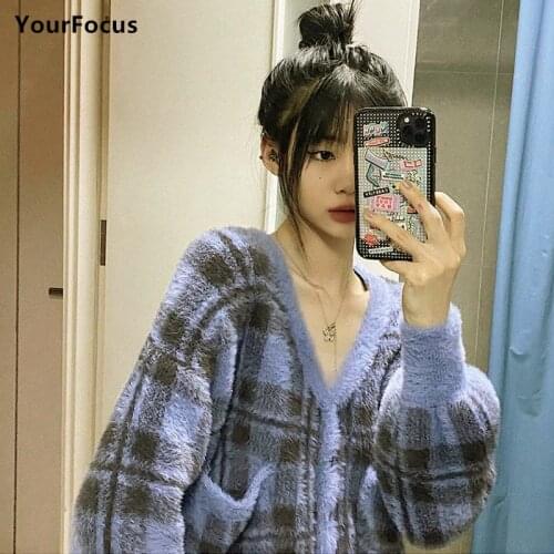 Robe Pull Femme Harajuku Vintage Kpop Korean Blue Plaid Cardigan Knitted Sweater Women Loose Sweaters Pull Femme Hiver