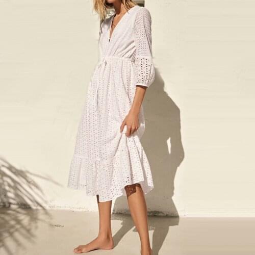 2021 Women Summer White V-Neck Dress 3/4 Sleeve Buttons Bow Tie Slim Casual Female Elegant Party A-Line Dresses Clothes Vestidos
