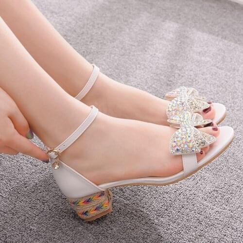 2021 summer new style square heel low heel sandals female large size bride bow sandals banquet dress bridesmaid wedding shoes