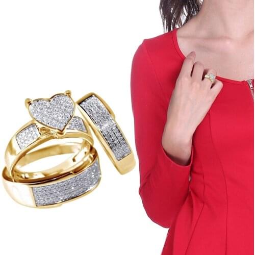 3Pcs/Set New Fashion Metal Couple Rings Rhinestones Inlaid Heart Wedding Rings for Women Men Wedding Jewelry Gift