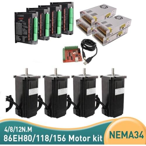 4 sets NEMA34 Closed loop motor 4Kit 86EH156A6001 motor 12N.M 118mm 80mm USB power controller 4 PCS driver CL86 + Power Supply