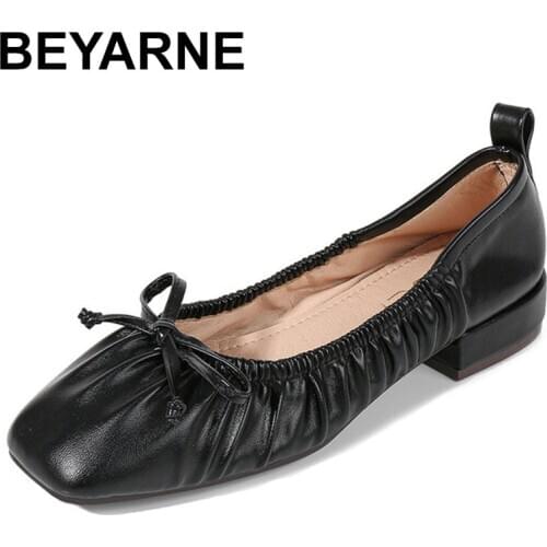 BEYARNE Shallow roll-up shoes in pure soft leather comfortable thick sneakers ladies square toe ballerina graceful shoes 4 color