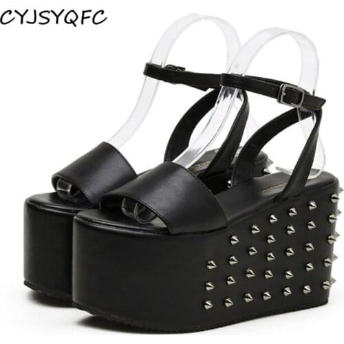 CYJSYQFC Summer Fashion Rivets Gothic Style Women Sandals Peep Toe Thick Bottom Belt Buckel High Heels Ladies Demonia Shoes