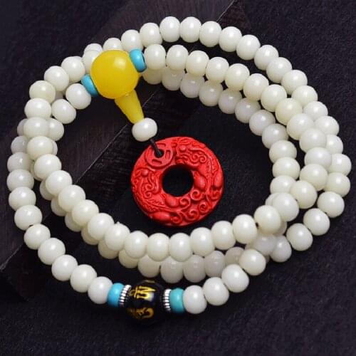 New Authentic White Bodhi Root Apple Beads Bracelet Cinnabar Double Brave Pendant 108 Beads Bracelet Couple Bracelet