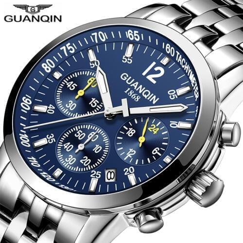 GUANQIN 2019 clock men business watch Quartz watch Waterproof sport watch top brand luxury leather 316L steel Relogio Masculino