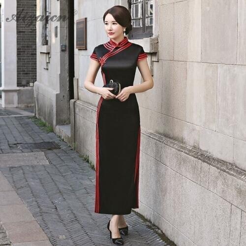 Black Vintage Gown Femme Slim Cheongsam Modern Long Dresses Qi Pao Women Oriental Style Traditional Chinese Dress Qipao Robe