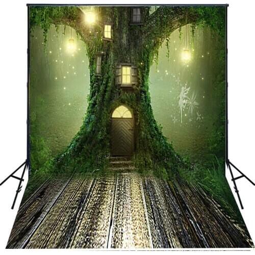 Photography Backdrop Grey Wood Floor Large Tree House with Yellow Halo StudioBackgrounds Fairytale Style Baby Birthday Photocall