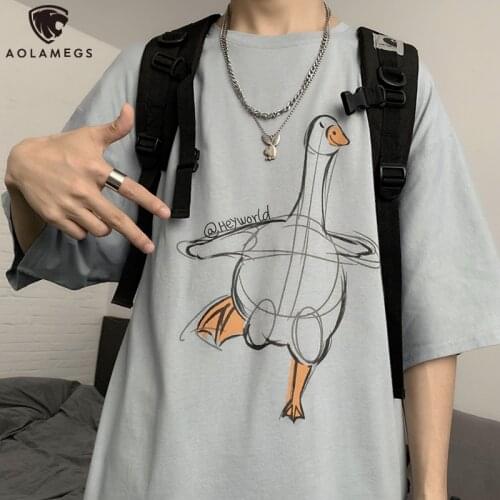 Aolamegs Oversized T-shirt Summer Mens T-Shirts Cartoon Funny Duck Print Tee Shirt For Men Harajuku Streetwear Unisex All-match