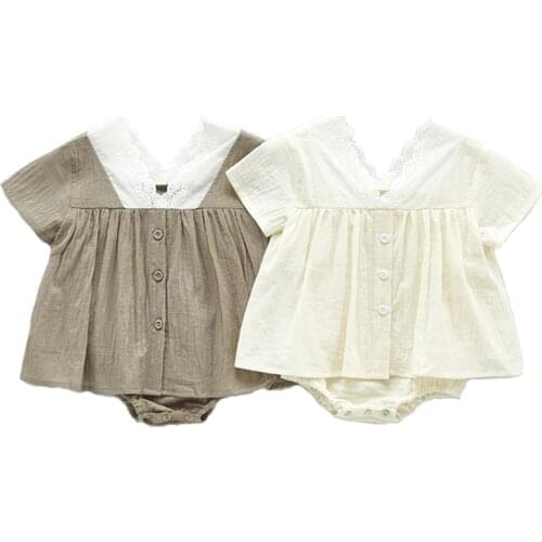 Summer Baby Newborn Infant Baby Boys Girls Rompers Cotton Infant Lace Stitching V-neck Baby Short Sleeve Cotton Fart Clothes