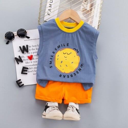 Toddler Baby Boys Gilrs Fashion Cotton Clothes Set 2021 Summer Children Smiling Face Print Vest+Shorts Infant Sleeveless Outfits