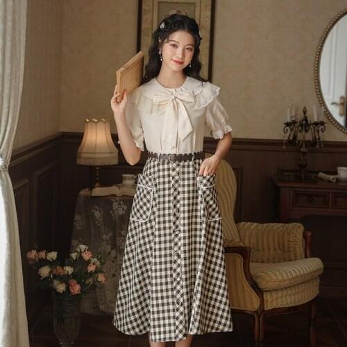 Sweet Vintage High Waist Plaid Skirt Women Summer 2021 New French Vintage Casual All-match College Style A-line Skirt With Belt