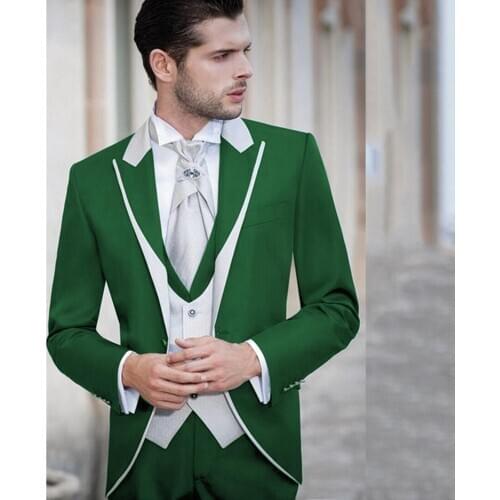Mens Suit Green With White 3 Pieces Shawl Lapel Costume Homme Groomsmen Wedding Suits Groom Tuxedos (Blazer+Vest+Pants)