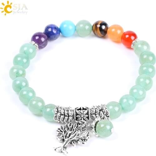 CSJA Natural Green Aventurine Rainbow 7 Chakra Beads Yoga Bracelets Hot Sell Healing Bangles Life Tree Women & Men Jewelry F127