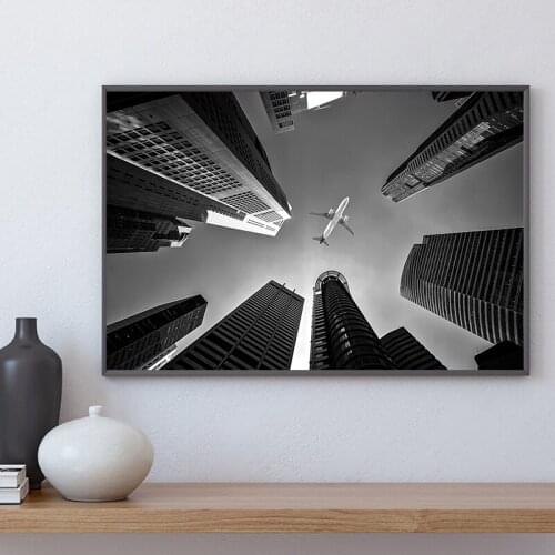 Black White Aircraft Flying Above City Canvas Posters Prints Wall Art Painting Decorative Picture Modern Home Decoration Artwork