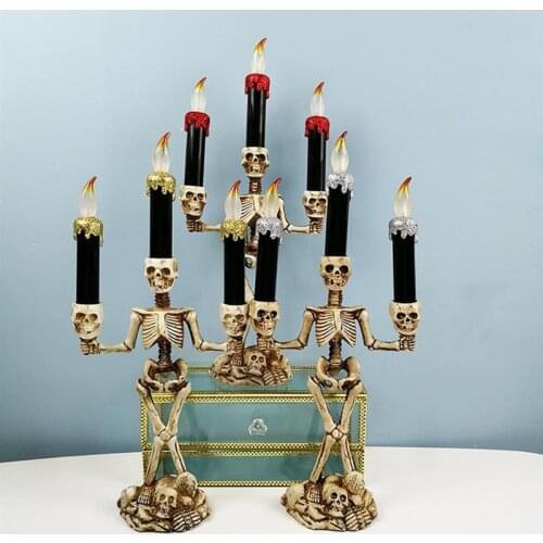 Triple LED Halloween Candles Battery Powered Flameless and Skeleton Candle Holder Stand Halloween and Haunted House Decor