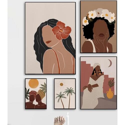 Boho Abstract Figure Nordic Posters and Prints Black Gallery Wall Art Canvas Painting Flower Art Pictures Decor Sun Woman Palm