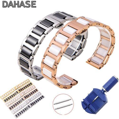 Dual Color Ceramic Watch band Butterfly Buckle Stainless Steel Replacement Smart watch Strap Belt Bracelet 14 16 18 20mm 22mm