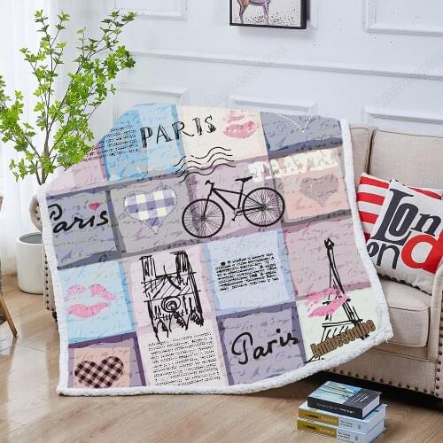 Retro Scrapbook Collage Paris Sherpa Throw Blanket Seamless Background Pattern Blanket for Bed Flannel Fleece Plush Bedspreads
