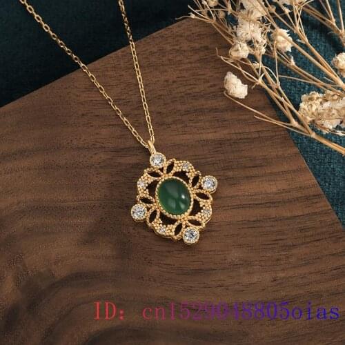 Green Jade Pendant Chinese Charm Necklace Natural Crystal Women Chalcedony 925 Silver Amulet Jewelry Zircon Gemstone Gifts