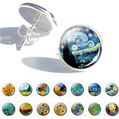 Van Gogh Oil Painting Luminous Stud Earrings Women Fashion Glass Cabochon Earings Starry Night Sunflower Jewelry Girl Gifts