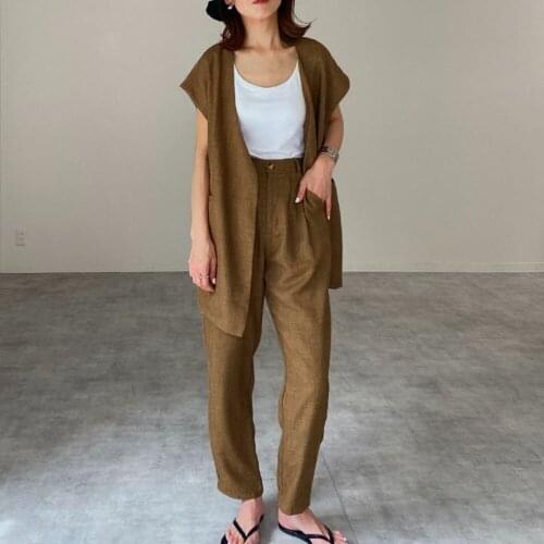 Two Piece Sets For Women Tapered Pants And Cardigan Vest Setup Commuter Plain Lady Fashion Straight Korea Style Casual Two Piece