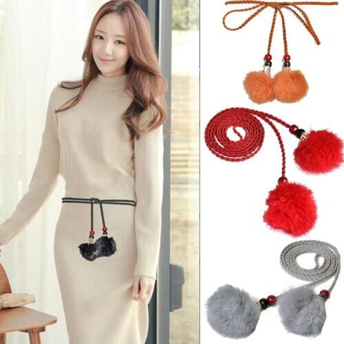 Luxury 2020 New Fashion Sweet Rabbit Hair Ball Thin Belt Ladies Autumn Winter Wild Faux Leather Braided Thin Waist Rope Bg-453