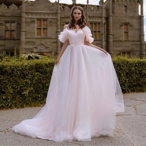 Sweetheart Ruffle Sleeve Bohemian Tulle Wedding Dresses Off the Shoulder Corset Lace Up Floor Length Princess Bridal Gowns