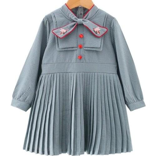 2021 New Girls Dress Autumn Children Clothes Spring Long Sleeve Straped Bow Pleated Dress for Girl Kids Princess Dresses 3-7T