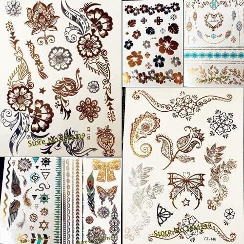 25 Style Henna Rose Flower Bracelets Waterproof Gold Metallic Temporary Tattoo Stickers For Girls Paisley Pattern Tatto Women