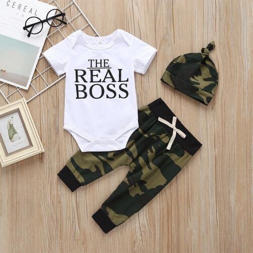 3 Pieces Infant Baby Boy Clothing Sets 2019 Summer New Style The Real Boss/Straight Outta Mommy Romper+Army Green Pants+Hat