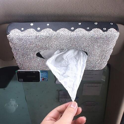 Diamond car sun visor tissue box holder crystal rhinstones hanging pater towel case napkin Storage bag car interior accessores
