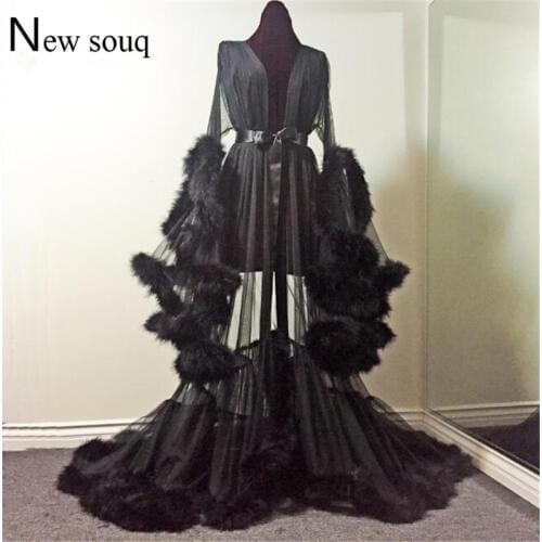 Arabic Evening Dress Feather Long Illusion Tulle Prom Dresses Robe De Soiree Muslim Middle East Moroccan Kaftan Party Dress Gown