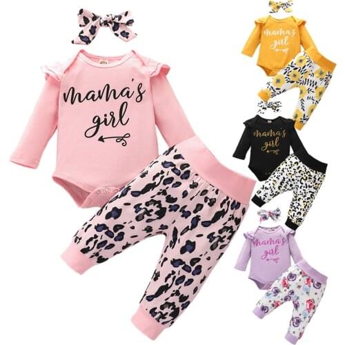 Citgeett Autumn Infant Baby Girls Warm Long Sleeve Letter Print Bodysuit+Leopard / Flower Pattern Pants+Headband Set