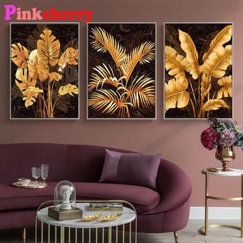 Diy 5D Diamond Painting Abstract Retro Gold Plant Leaf Cross Stitch Kits Mosaic Rhinestone Embroidery Wedding Decoration