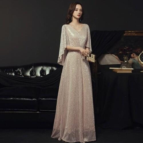 Elegant V-neck Exquisite Sequin Evening Dress Women Temperament A-line Party Gown Robe De Soiree