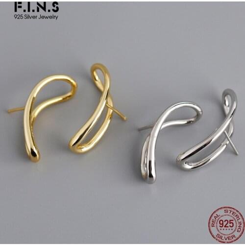 F.I.N.S Korean Fashion Irregular Curved Lines S925 Sterling Silver Earrings Geometric Glossy Hollow Earlobe Women Accessories
