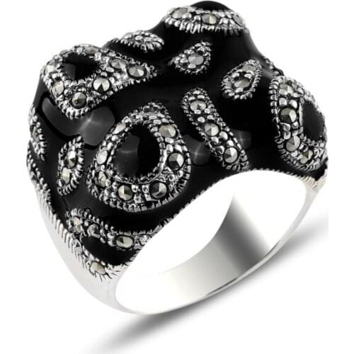 Silver 925 Sterling Enamel & Marcasite Ring