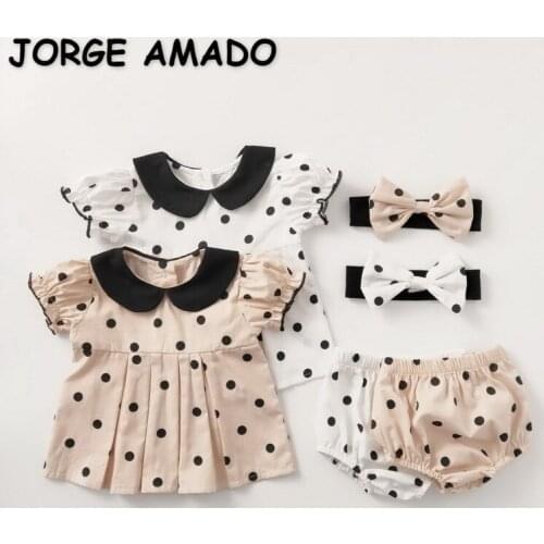 2021 New Summer Kids Girls 3-pcs Sets Polka Dot Dress + Shorts + Headwear Casual Style Children Clothes E6024