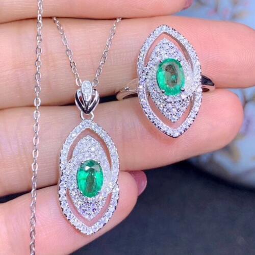 Natural emerald luxury jewelry set Free shipping 925 sterling silver 1pc ring,1pc pendant 0.95*2pcs gemstone #S971201