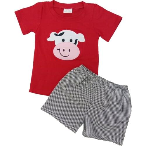 Boutique baby outfit set Summer Boys Clothing Sets Embroidery Cow Tops and seersucker Pants Boutique kids Clothes