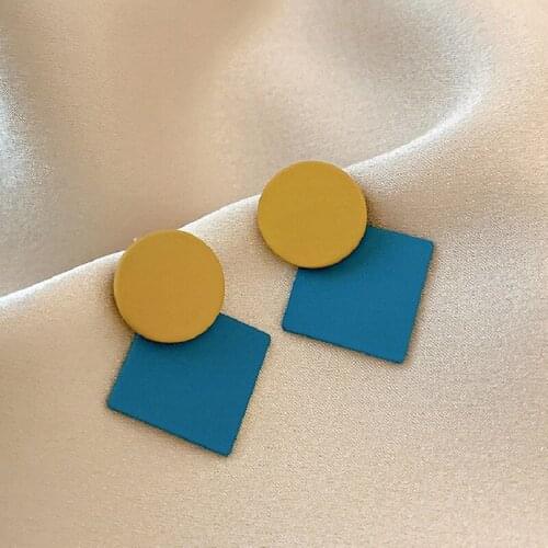 Korean Geometric Round Square Frosted Earrings for Women Fashion Temperament High Sense of Niche Earrings Blue Yellow Color